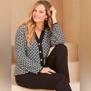 NEW Tahari Cotton Blend Shoulder Padded Tweed Contrast Cardigan Sweater